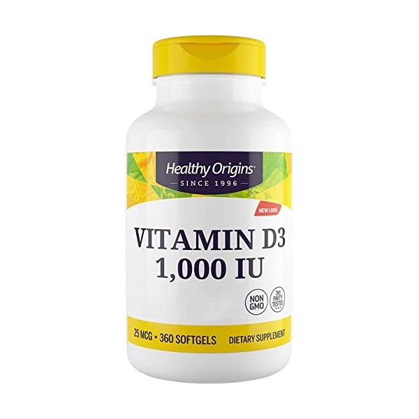 Healthy Origins, Vitamine D3, 1.000 IU, 360 Capsules, Testé en Laboratoire, Hautement Dosé, Sans Soya, Sans Gluten, Non-GMO