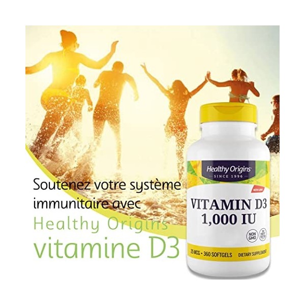 Healthy Origins, Vitamine D3, 1.000 IU, 360 Capsules, Testé en Laboratoire, Hautement Dosé, Sans Soya, Sans Gluten, Non-GMO