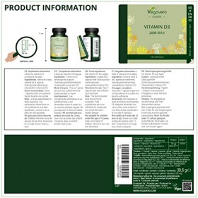 Vitamine D3 Vegavero® | 100% Naturelle & VEGAN | 2000 UI Cholécalciférol | Sans Additifs | Pour les Os + Muscles + Immunité