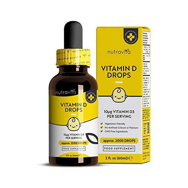 Vitamine D3 60ml pour Enfants – 400 UI/10 mcg par goutte et 2000 gouttes par flacon – Pour un système immunitaire sain et un 