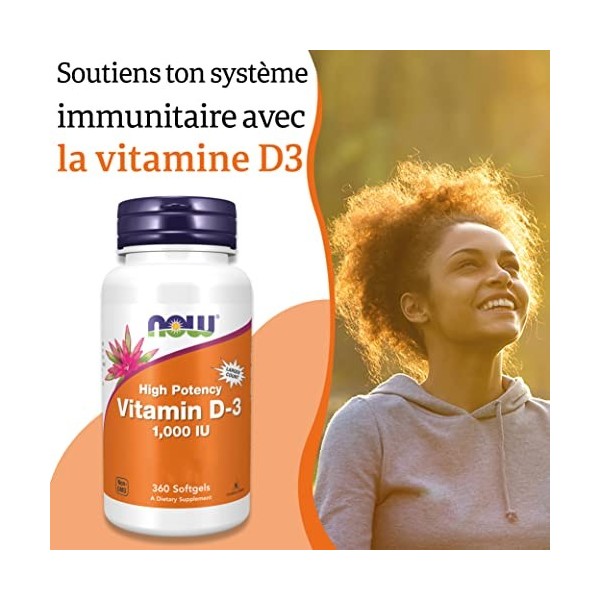 Now Foods, Vitamine D3, 1.000 IU, 360 Softgels, Testé en Laboratoire, Dose Élevée, Sans Gluten, Sans Soja