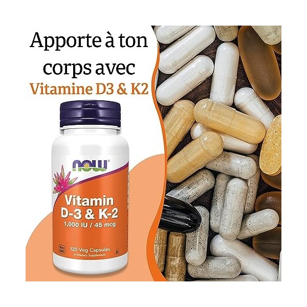 Now Foods, Vitamin D3 & K2, 1.000 UI, 120 Capsules végétaliennes, Testé en Laboratoire, Multivitamines, Sans Gluten, Sans Soj