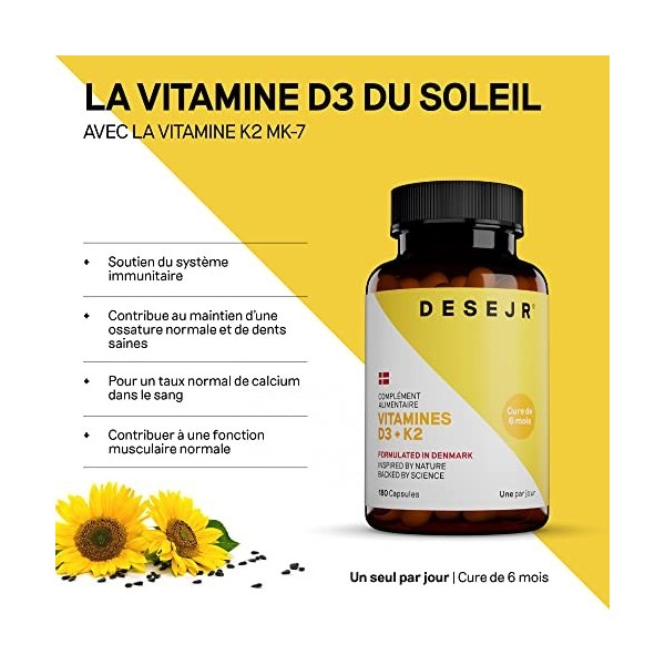 DESEJR Vitamine D3 & K2 Cure De 6 Mois , Soutien du Fonctionnement Normal du Système Immunitaire, Maintien des Os, des Dents