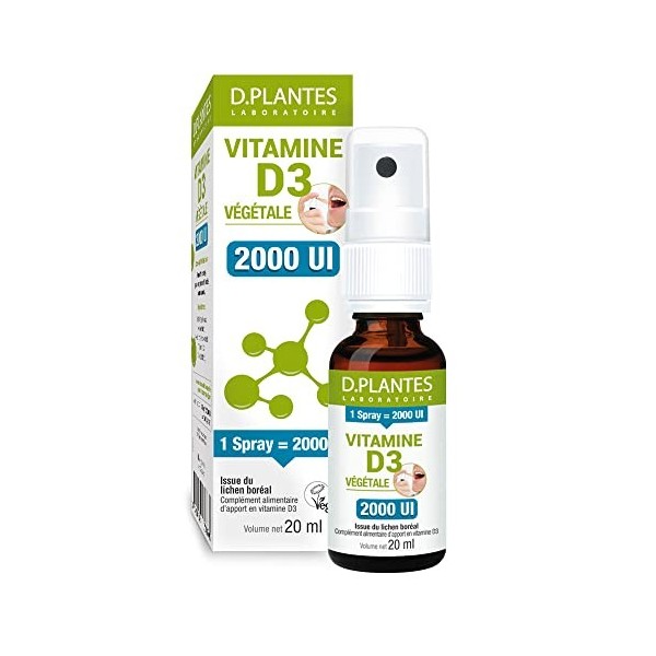 D.PLANTES - Vitamine D3 2000 UI - Complément Alimentaire en Spray - Immunité, Ossature Normale - Boost en Vit. D - Origine Vé