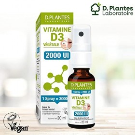 D.PLANTES - Vitamine D3 2000 UI - Complément Alimentaire en Spray - Immunité, Ossature Normale - Boost en Vit. D - Origine Vé