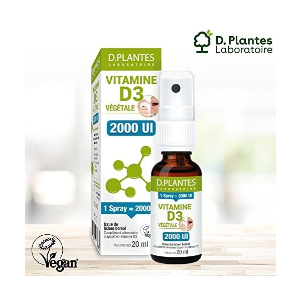 D.PLANTES - Vitamine D3 2000 UI - Complément Alimentaire en Spray - Immunité, Ossature Normale - Boost en Vit. D - Origine Vé