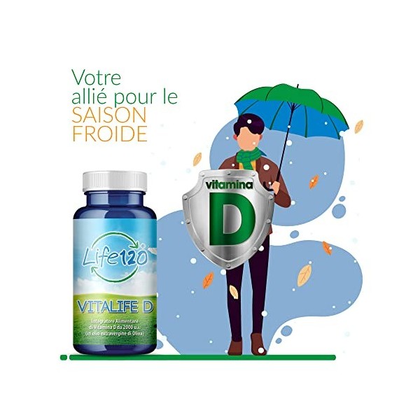 Life 120 - Vitalife D - Supplément alimentaire de vitamine D 2000 UI par softgel, 100 softgels à haute dose, essentiel pour l