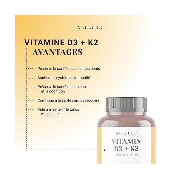 Vitamine D3 K2 MK7 Natural Nullure | 2000 UI | Formulation quotidienne équilibrée pour une assimilation facile I Système Im