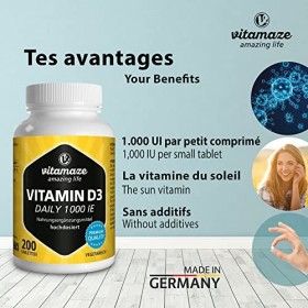 Vitamine D3 1000 UI -Utilisation Sublinguale Possible - 200 Comprimes Végétarien pour un Apport Continu - Vitamine D Organiqu