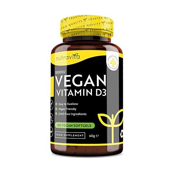 Vitamine D3 Vegan 1000 UI par Capsule - Capsules molles de Vitamine D3 Végan à base de plantes dérivées du Lichen - Maintien 