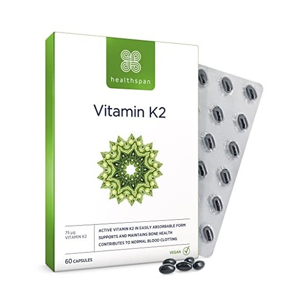 Vitamine K2 75 µg de Healthspan| 60 gélules | Santé des os et du sang | Forme la plus pure et la plus active | Végétalien