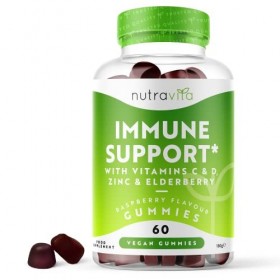 Gommes Immunité - Vitamine D 1000 UI, Vitamine C & Zinc - Extrait de Baie de Sureau équivalent de 4 500 mg - Gummies Végan 