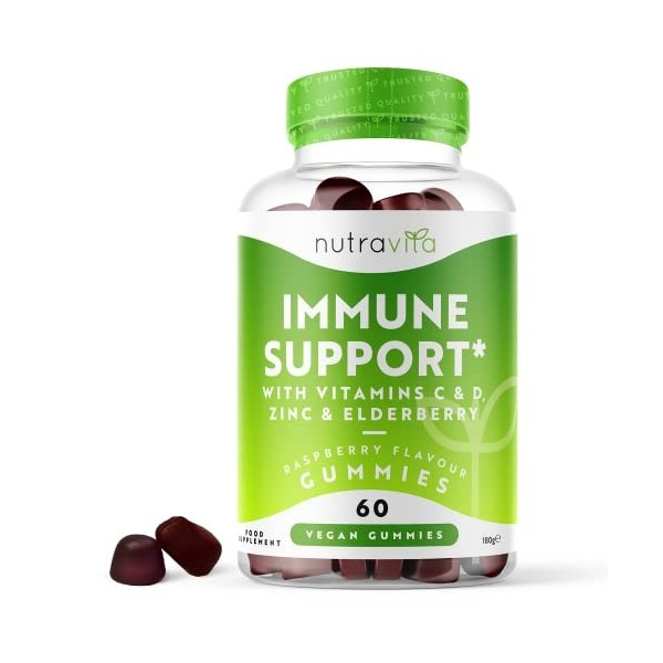 Gommes Immunité - Vitamine D 1000 UI, Vitamine C & Zinc - Extrait de Baie de Sureau équivalent de 4 500 mg - Gummies Végan 