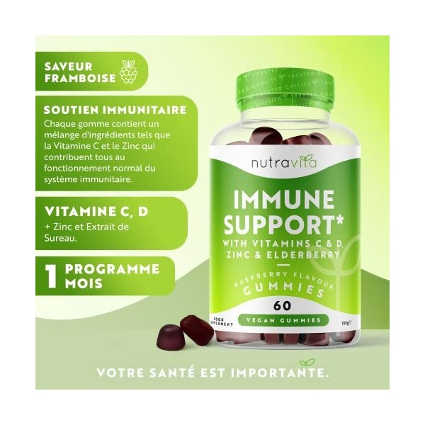 Gommes Immunité - Vitamine D 1000 UI, Vitamine C & Zinc - Extrait de Baie de Sureau équivalent de 4 500 mg - Gummies Végan 