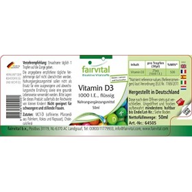 Fairvital | Vitamine D3 liquide - 1000 U.I. par goutte, végétarienne issue de lanoline - 50ml huile de vitamine D3