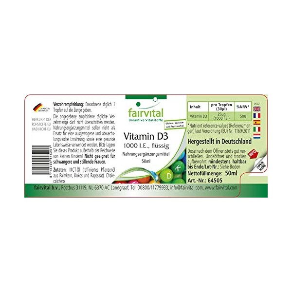 Fairvital | Vitamine D3 liquide - 1000 U.I. par goutte, végétarienne issue de lanoline - 50ml huile de vitamine D3