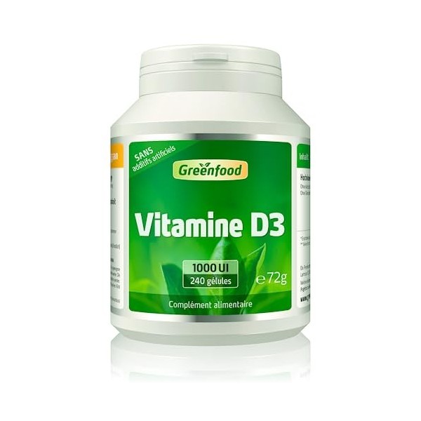 Greenfood Vitamine D3, 1000 UI, dose élevée, 240 gélules. Contribue à renforcer les os, les dents et le système immunitaire. 