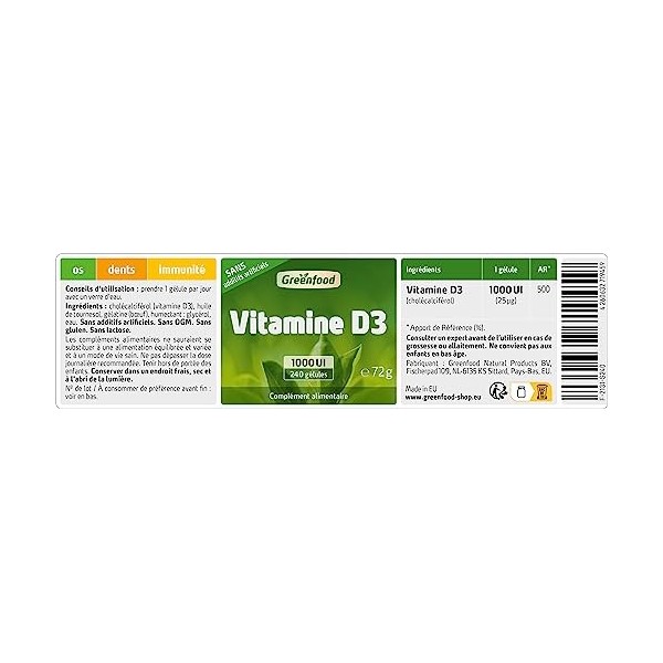 Greenfood Vitamine D3, 1000 UI, dose élevée, 240 gélules. Contribue à renforcer les os, les dents et le système immunitaire. 