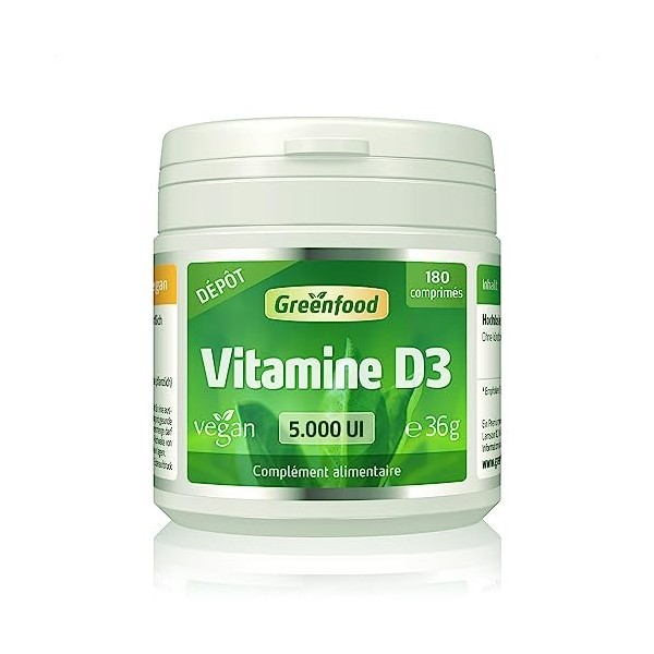 Greenfood Vitamine D3, 5000 UI, dose élevée, 180 comprimés, dépôt, végan. Contribue à renforcer les os, les dents et limmuni
