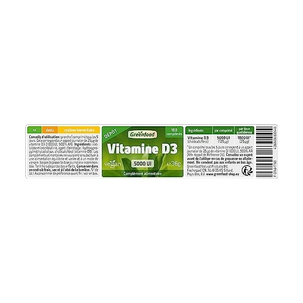 Greenfood Vitamine D3, 5000 UI, dose élevée, 180 comprimés, dépôt, végan. Contribue à renforcer les os, les dents et limmuni