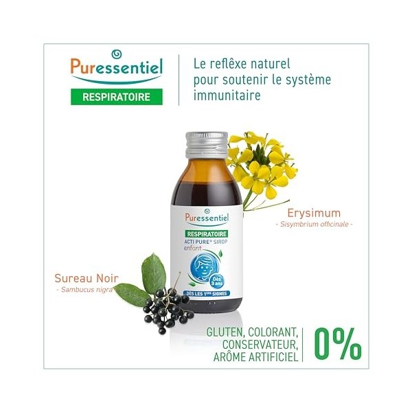 Puressentiel Respiratoire – Sirop Acti Pure Nez-Gorge Enfant +3ans - Miel, extraits d’Erysimum et Sureau, Vitamine D3 – Goût 