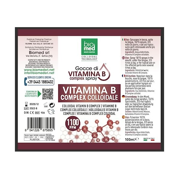 Vitamine B colloïdale avec vitamines B6, B9, B12. Complexe colloïdal de vitamine B. Vitamine B complex essentiel pour le syst