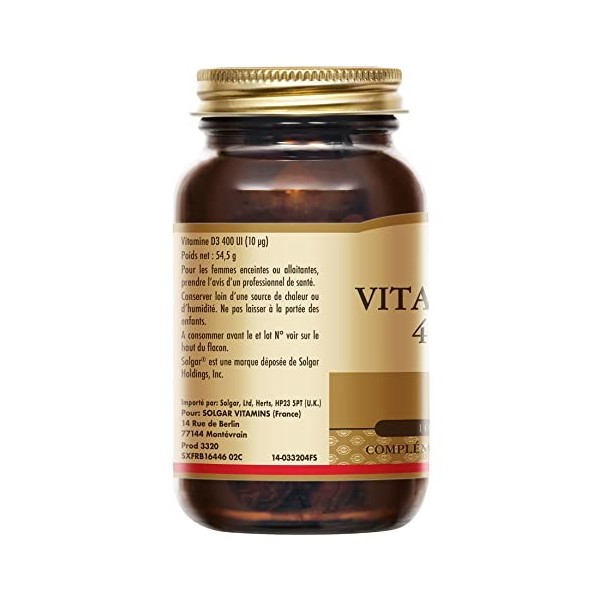 Solgar Vitamine D3 400 UI - Défenses immunitaires - Os/Cartilages - Capsule à avaler - Complément Alimentaire - Flacon de 100