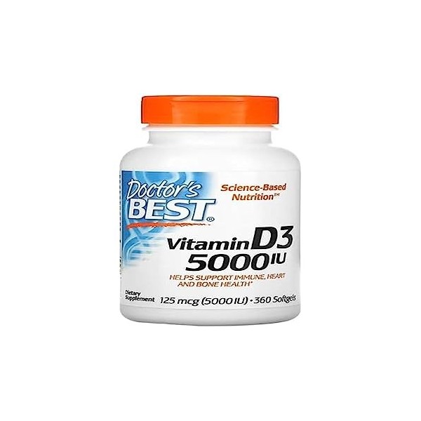 Doctors Best Vitamine D3, 5000 UI - 360 gélules Softgel, Soutien osseux et immunitaire