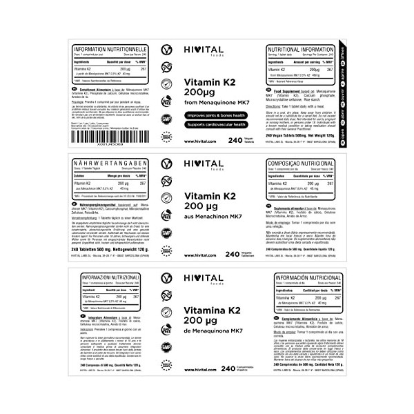 Vitamine K2 MK7 200 mcg. 240 comprimés végétaliens de vitamine K pour 8 mois. 200 mcg de vitamine K2 Menaquinone MK-7 pour am