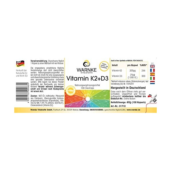 Vitamine K2 + D3 200µg / 1000 I.U. - 100 capsules OleoCaps de notre propre fabrication - Original K2VITAL® 99,7% all-trans K2