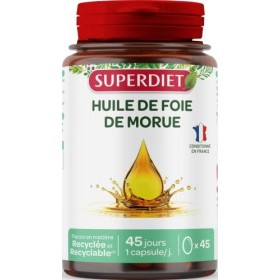 SUPERDIET - HUILE DE FOIE DE MORUE - Source de Vitamine A et Vitamine D - Nutrithérapie - Conditionné en France - 45 capsules