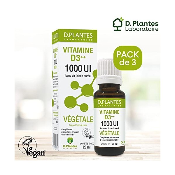D.PLANTES - Vitamine D3 1000 UI - Complément Alimentaire - Immunité, Ossature Normale - Boost en Vit. D - Origine Végétale - 