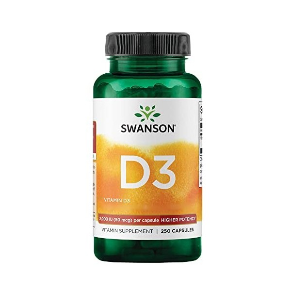 Swanson, Vitamine D3 50mcg 2000 UI , Dépôt, 1 Capsule tous les 2 Jours, 250 Capsules, Haute Dosé, Testé en Laboratoire, Sans