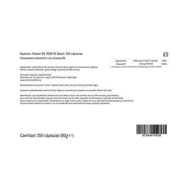 Swanson, Vitamine D3 50mcg 2000 UI , Dépôt, 1 Capsule tous les 2 Jours, 250 Capsules, Haute Dosé, Testé en Laboratoire, Sans