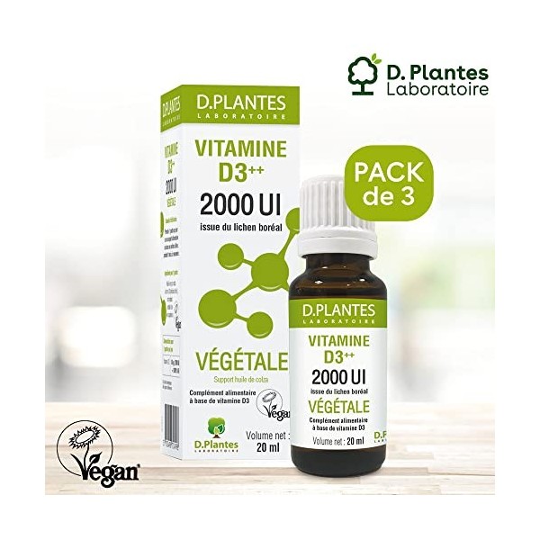 D.PLANTES - Vitamine D3 2000 UI - Complément Alimentaire - Immunité, Ossature Normale - Boost en Vit. D - Origine Végétale - 