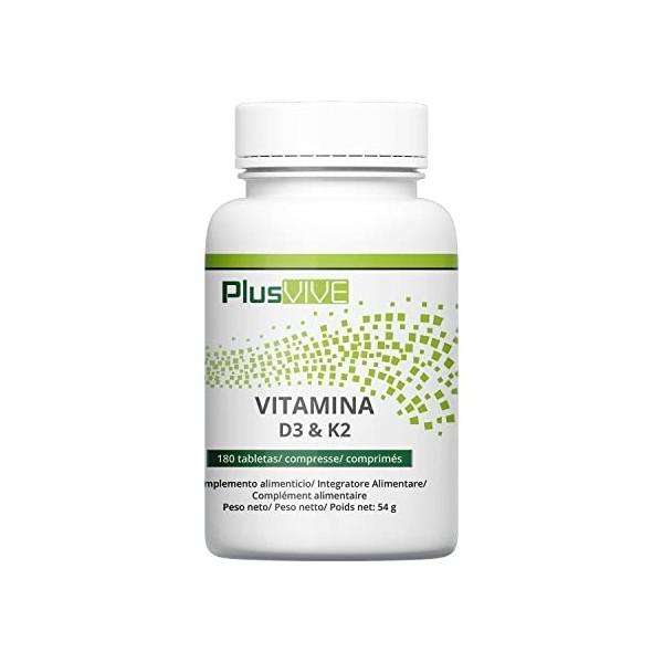 Plusvive - Lot de 180 tablettes de vitamine D3 et vitamine K2 MK7, 100 µg