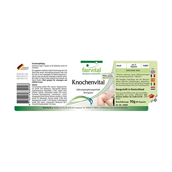 Os vital - 90 gélules - 12 substances vitales pour les os - enrichi en vitamine K2, D3 et proline - Made in Germany | fairvit