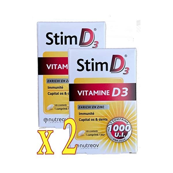 Stim D3 Vitamine D3 Enrichi en Zinc Immunité boostée Capital Os et Dents - 120 comprimés - Lot de 2 Boites 2 