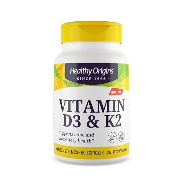 Healthy Origins, Vitamine D3 & K2 Depot 2.000IU & 200mcg Dose 2 Jours, 60 Capsules molles, Testé en Laboratoire, Sans Soja,