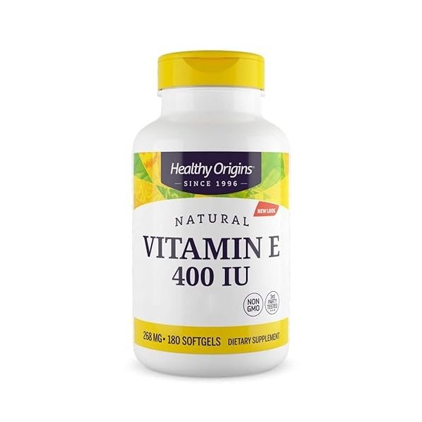 Healthy Origins, Natural Vitamin E, 400 IU, 180 Capsules molles, Testé en Laboratoire, Sans Gluten, Sans OGM