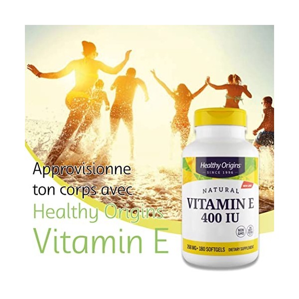 Healthy Origins, Natural Vitamin E, 400 IU, 180 Capsules molles, Testé en Laboratoire, Sans Gluten, Sans OGM