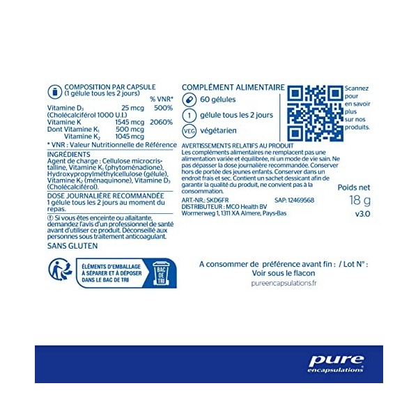 Pure Encapsulations - Vitamines K&D - Association de Vitamines K1, K2 & D3 - Favorise la Santé Immunitaire, des Os et des Vai