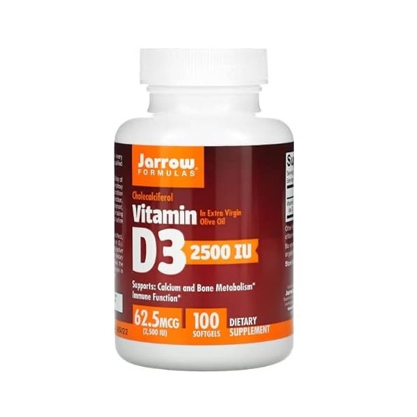 Jarrow Formulas, Vitamine D3, 2.500 IU Dépôt, 1 Capsule tous les 3 Jours, 100 Capsules molles, Testé en Laboratoire, Sans Glu