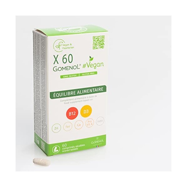 GOMENOL - Vitamine B12 et D3 Vegan - 60 Compléments - Bêta-carotène, Fer, Zinc, Iode, Calcium - Adapté pour Végétariens et Vé