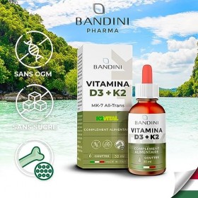 Bandini® Gouttes Vitamine D3 K2, dans lhuile EVO, Vitamine D3 Cholécalciférol 1000 UI par goutte + Vitamine K2 MK-7 Ménaquin
