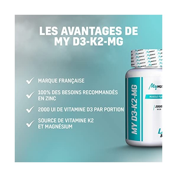 MyMUSCLE - My D3-K2-Mg - Formule Ultra Dosée en Vitamine D + Vitamine K + Magnésium + Zinc - 60 Gélules