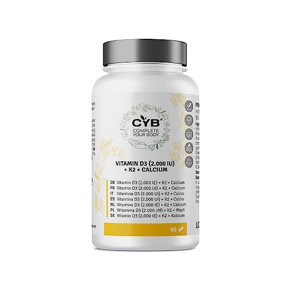 CYB | Vitamine D3 2000 IU 50µg - Vitamine K2 80µg - Calcium 500mg - 90 Comprimés pour 3 Mois - Vitamines - Supplément Multivi