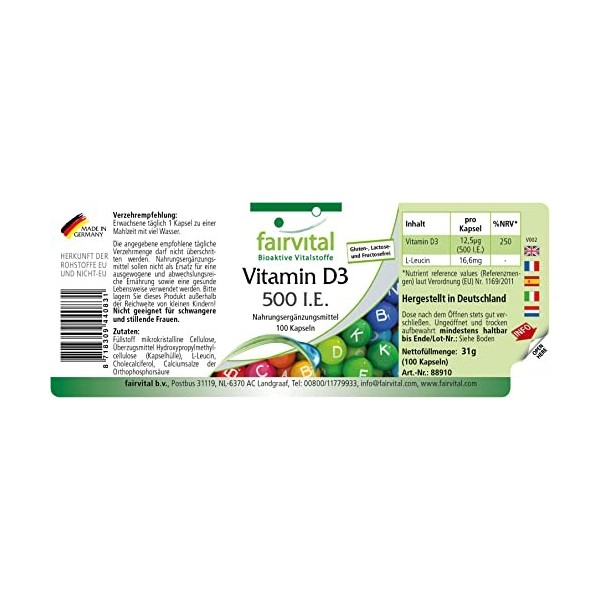 Fairvital | Vitamine D3 500 UI - boite de 100 jours - Fortement dosé - 100 caps - cholécalciférol
