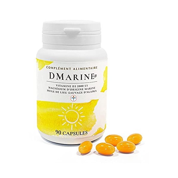 NUTRILYS - DMarine® - Complément Alimentaire - Vitamine D3 2000 UI, Magnésium Marin et Huile de Lieu Sauvage d’Alaska — 90 ca