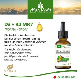 Moriveda® 100% végétale vitamine D3 + gouttes K2 50 ml I D3 1000 I.E + K2 MK7 All-Trans 20µg I seulement 1 goutte par jou